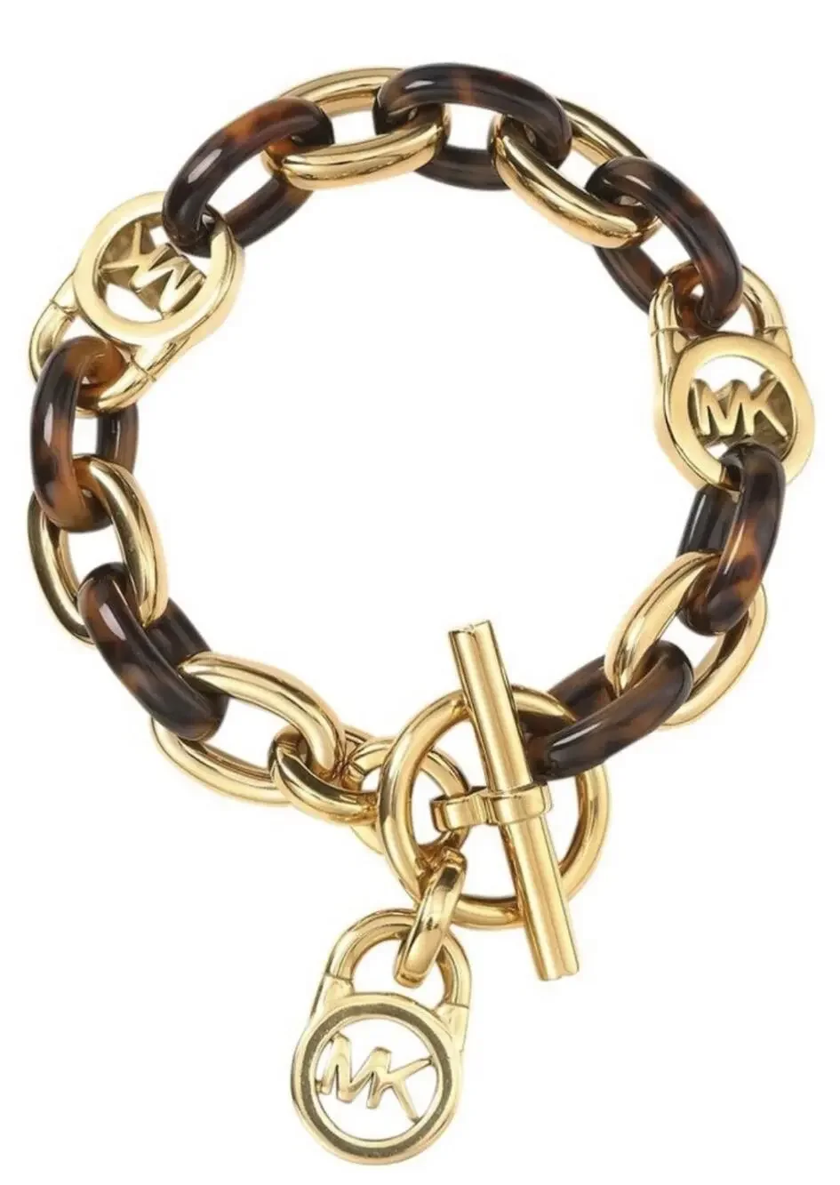 Michael Kors Tortoise Shell And Yellow Gold Tone MK Oval Link Charm Bracelet 8”